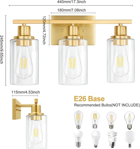 Miniatura 6 de Lámparas de pared doradas para baño de latón cepillado, lámparas de pared modernas de 3 luces con apliques de vidrio transparente, lámpara de pared
