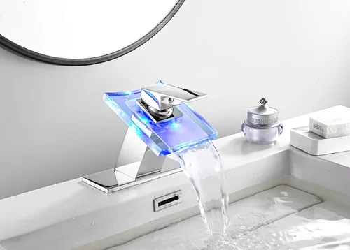 Miniatura 7 de Grifo de Lavabo de Baño con Luz LED, Boquilla de Cascada de Vidrio que Cambia a 3 Colores, Mezclador de Agua Caliente y Fría, Manija Única, un Solo
