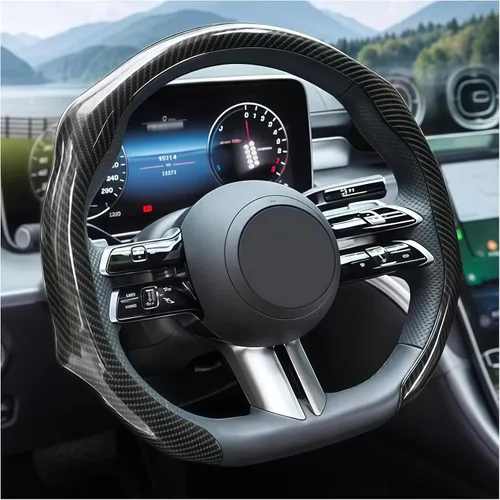 Zpana Funda de fibra de carbono para volante de automóvil, funda de cuero antideslizante para volante de vehículo de 14.5-15 pulgadas, cómodo