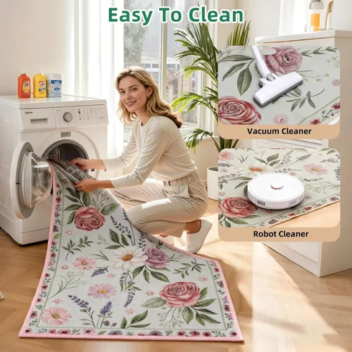 Miniatura 5 de Alfombra de entrada lavable de 2 x 3 pulgadas, alfombra pequeña para entrada, cocina, baño, antideslizante, estampado floral, alfombra de entrada