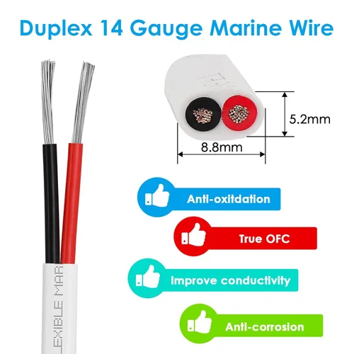 Miniatura 2 de Cable Marino Dúplex de Alambre de Calibre 14 de Cobre Estañado para Barco, 40 pies 14 AWG Estándar USA OFC Alambre de Cobre Libre de Oxígeno