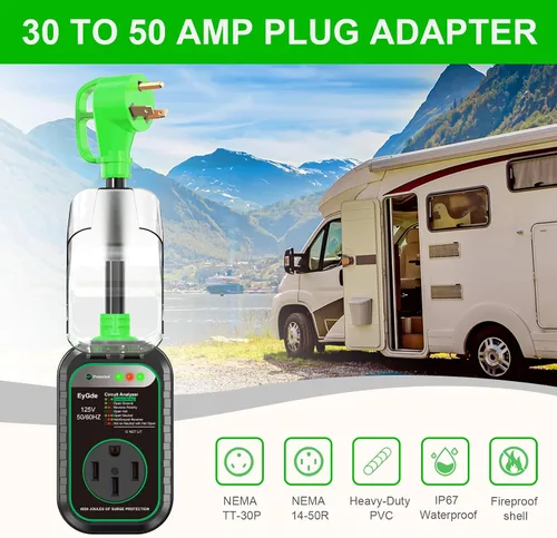 Miniatura 4 de EyGde Adaptador RV de 30 amperios a 50 amperios con protector de sobretensiones, NEMA TT-30P macho a enchufe hembra 14-50R, analizador de circuitos