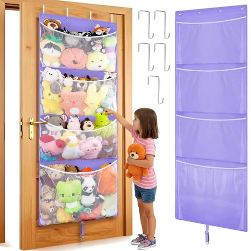 Miniatura 8 de Woodoulogy Almacenamiento de Animales de Peluche Colgantes, Organizador Grande de Juguetes de Felpa Sobre la Puerta con Gancho de Metal, Idea de Gris