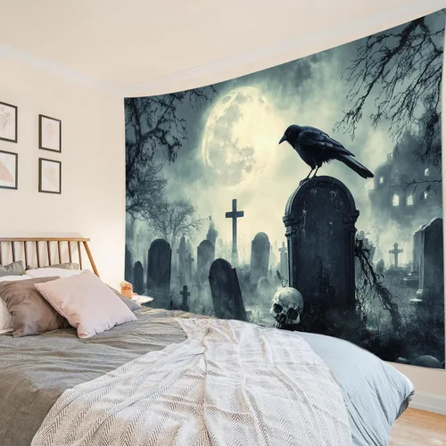 Miniatura 15 de HVEST Tapiz de Halloween de luna llena, lápida de cuervo negro, árbol muerto, tapiz para dormitorio, cementerio gris aterrador, bosque, decoración