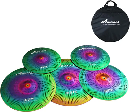 Miniatura 18 de Arborea Paquete de Platillos de Bajo Volumen 8 piezas Negros para Práctica Silenciosa para Set de Tambores 10"/12" Splash/14" HiHats/16" Crash/18