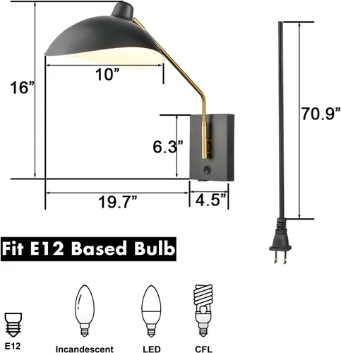 Miniatura 8 de CLAXY - Apliques de pared enchufables, color negro mate, iluminación de montaje en pared E12 Home Wall Lights with USB Charge Port-Set of 2, Plug