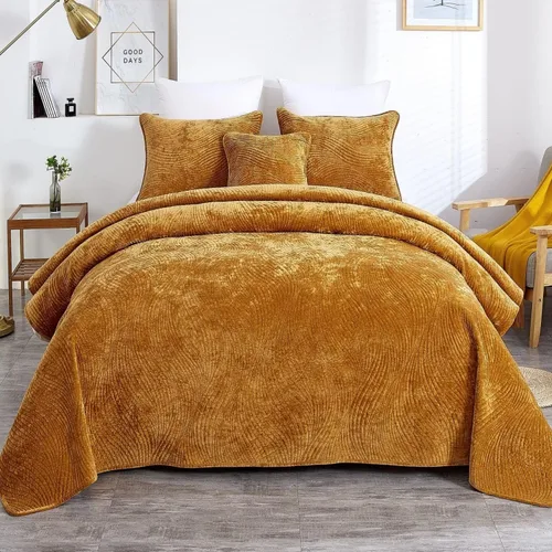 Tache Velvet Dreams - Juego de colcha de terciopelo de terciopelo súper suave, cálido, acogedor, elegante, ondulado, puntada acolchada, color oro