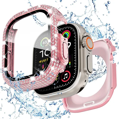 Miniatura 17 de Funda delantera y trasera, 2 en 1, brillante, impermeable, 360°, de policarbonato y protector de pantalla de vidrio para iWatch 8 y 7 de 41 mm, Negro
