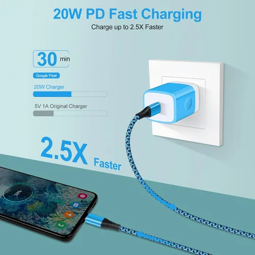 Miniatura 2 de Cargador de pared USB C, bloque de carga rápida PD tipo C de 20 W y cable de 6 pies compatible con Google Pixel 10/10 Pro XL/9a/9 XL 8a 8 7a 7 6 5