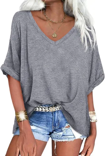 Miniatura 9 de UNCLECAT Camisetas de gran tamaño con cuello en V para mujer, camisas de manga corta de verano, holgadas, casuales