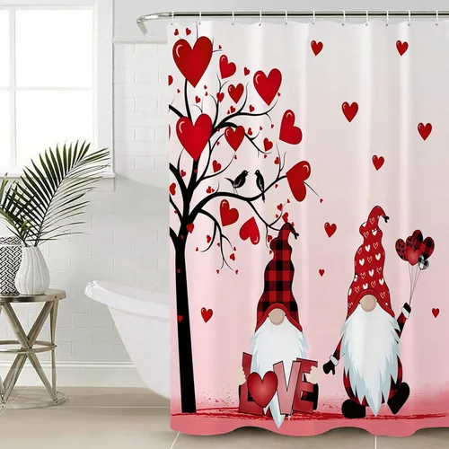 Miniatura 5 de cortina de ducha de gnomos del día de San Valentín, cortina de ducha rosa con corazones de amor para decoración de baño, juegos de cortinas de ducha
