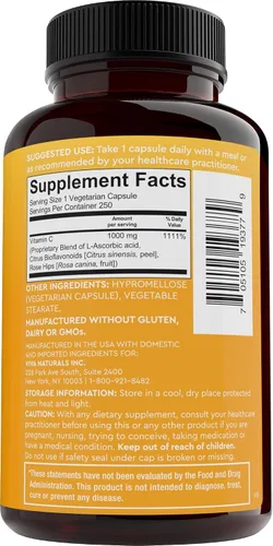Miniatura 8 de Vitamina C Viva Naturals Premium Non-GMO con Bioflavonoides y escaramujos, 0.03527 oz, 250 cápsulas vegetales.