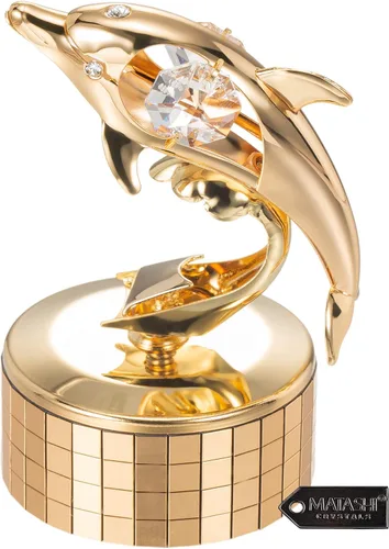 Matashi Caja de música de delfín de cristal chapada en oro de 24 quilates, elegante pieza de exhibición de mesa para mamá, esposa, abuela o hija en