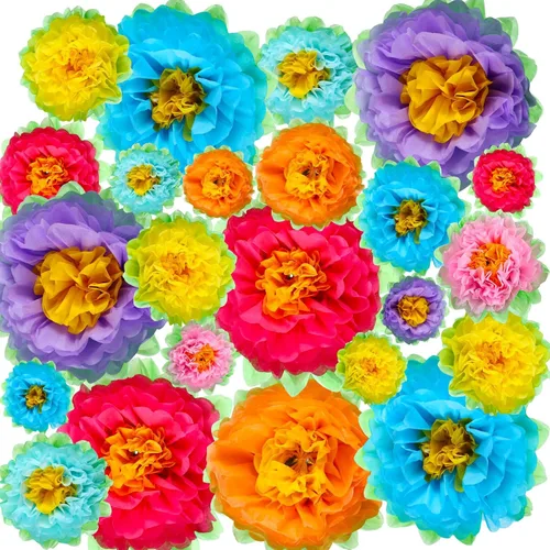 Tigeen Juego de 51 flores de papel mexicanas gigantes de tejido 3D, Mardi Gras, carnavales, crepé colorido, fiesta, flores de papel para pared,