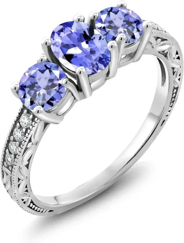 Miniatura 71 de Gem Stone King Anillo de compromiso de 3 piedras preciosas de oro blanco de 10 quilates con piedra natal y diamantes cultivados en laboratorio
