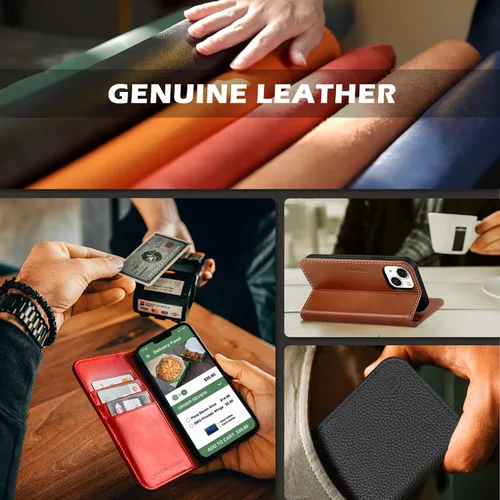 Miniatura 9 de SHIELDON Funda tipo cartera para iPhone 13 de 6.1 pulgadas, estuche tipo folio de piel auténtica con función atril y bloqueo RFID, ranuras para Rojo