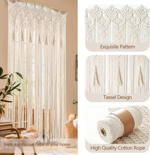 Miniatura 5 de Cortina bohemia de macramé hecha a mano con borlas grandes de macramé para colgar en la pared, divisor de habitación, decoración artística para sala