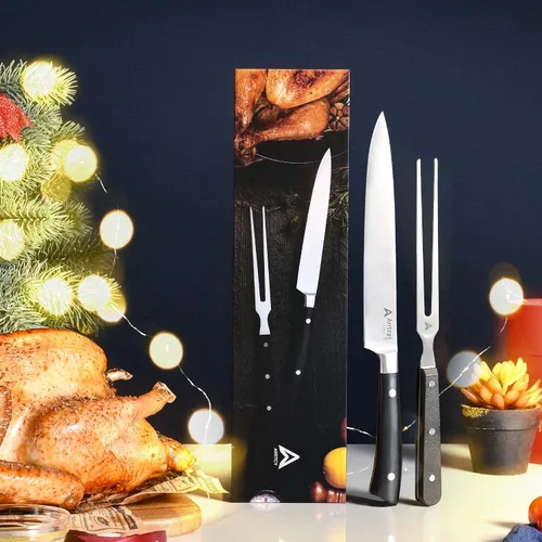 Miniatura 7 de Juego de Trinchar Pavo, Mango Ergonómico de Espiga Completa Cuchillo y Tenedor de Trinchar, Herramientas de Cocina de Acero Inoxidable Alemán