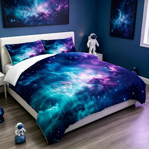 Miniatura 3 de Juego de edredón de galaxia azul, tamaño individual, ropa de cama espacial para niños, niñas, adolescentes, decoración de dormitorio, luna, nube