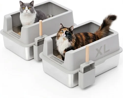 Miniatura 8 de Caja de arena de acero inoxidable para gatos - Caja de arena XL de metal cerrada con tapa para gatos grandes, de lados altos, anti-fugas, fácil