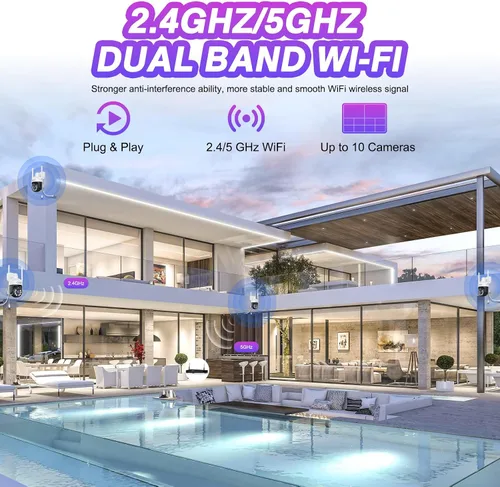 Miniatura 5 de CKK Cámara de doble lente de 2 MP, WiFi inalámbrica de 2.4/5 GHz, cámaras de seguridad para exteriores Plug & Play para zoom de 10X Pane Tilt 360°