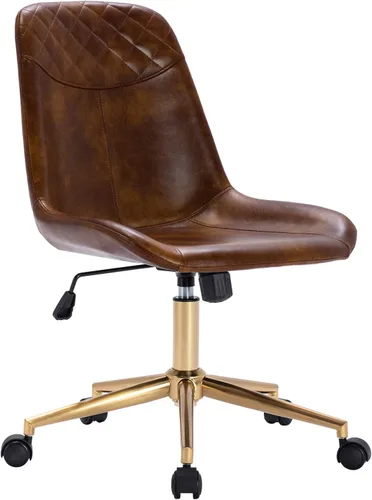 Miniatura 4 de DUHOME Silla de oficina moderna de piel sintética, silla de escritorio giratoria para computadora con base dorada, marrón amarillento Marrón