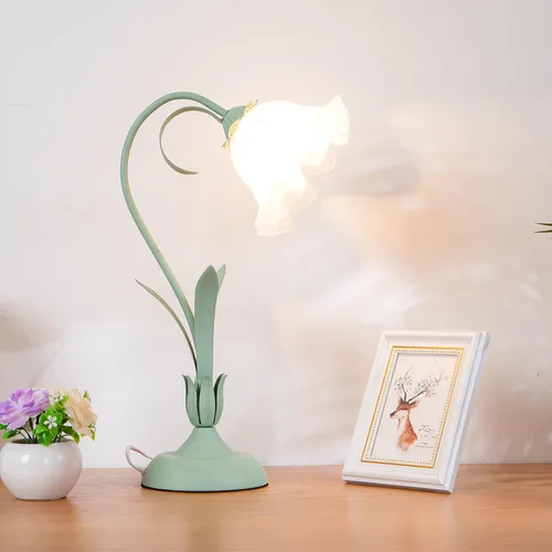 Miniatura 2 de Lámpara de mesa moderna regulable, lámpara de mesa de noche estilo flor verde con pantalla de cristal, lámpara de escritorio con interruptor