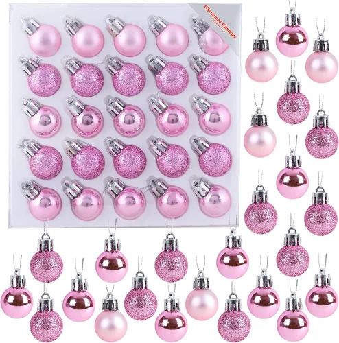Christmas Concepts® Juego de 25 mini bolas para árbol de Navidad - 25 mm - Adornos colgantes decorados con acabado brillante, mate y purpurina (Rosa