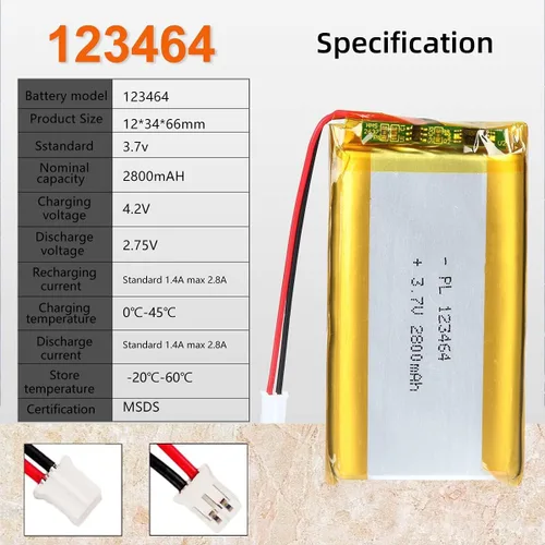 Miniatura 3 de 3.7V 2800mAh 123464 Lipo batería recargable de iones de polímero de litio con conector JST