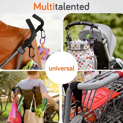 Miniatura 5 de Baby Uma Ganchos de cochecito para bolsas (paquete de 2) – Clips y ganchos universales para cochecito, antideslizantes con apertura con una sola