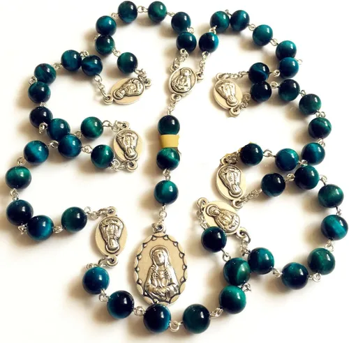 elegantmedical Hecho a mano Rara Pavo Real BuleTiger Eye Jade Cuentas Siete 7 PELÍCULAS MARÍA MEDALLA Rosario Collar Regalos Católicos, Vidrio