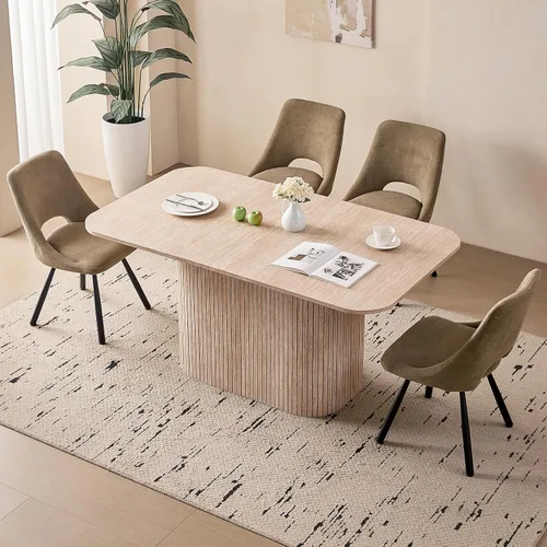 Miniatura 14 de Juego de 4 mesas de comedor grandes de 63 pulgadas para 4, esquinas redondeadas, mesa de cocina rectangular moderna de madera con sillas Boucle
