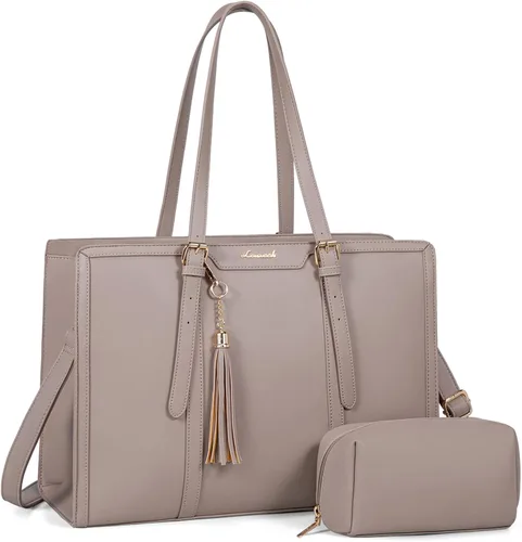 Miniatura 19 de LOVEVOOK Bolsa para laptop para mujer, bolsa de lona ligera de 15.6 pulgadas, bolsa grande para computadora, con bolso de mano, para negocios, Beige