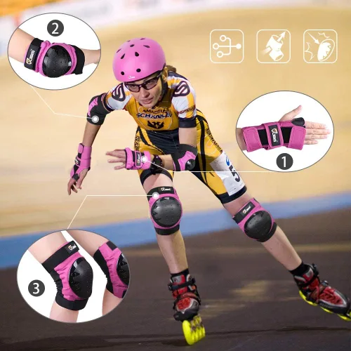 Miniatura 7 de JBM Rodilleras para adultos y niños, coderas y muñequeras para patinaje en línea, patinaje sobre ruedas, monopatín, scootering Rosa