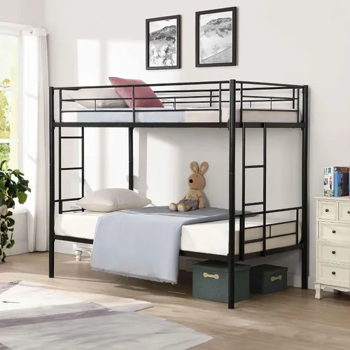 Litera de metal con 2 escaleras y barandilla de seguridad, literas convertibles resistentes, base de cama individual sobre individual con espacio de