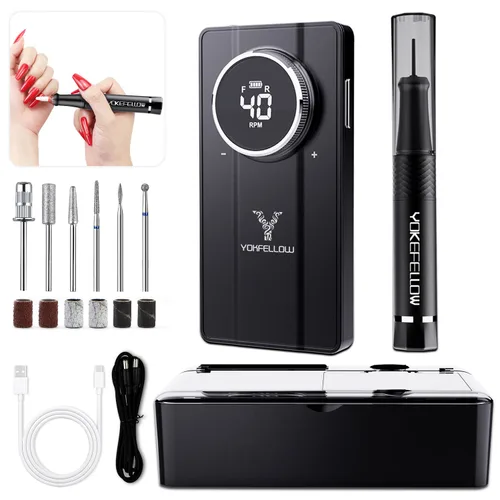Yokefellow - Taladro de uñas, profesional, portátil, 40000 RPM, máquina de taladro eléctrico de grabado para vidrio, color negro