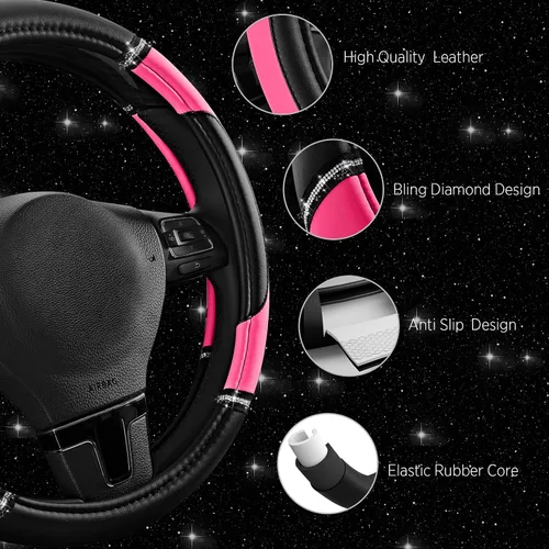 Miniatura 4 de Road Comforts Funda de Volante de Cuero - Hecha con Cuero PVC - Antideslizante, Ajuste Universal de 14 1/2 pulgadas a 15 pulgadas - Rosa Intenso