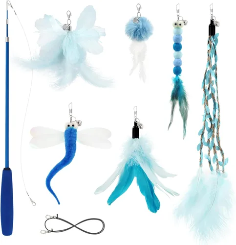 Miniatura 10 de SONGWAY Juguetes de varita para gatos de interior, juego de juguetes para gatos con varita retráctil y 6 recambios de juguetes de plumas, juguetes