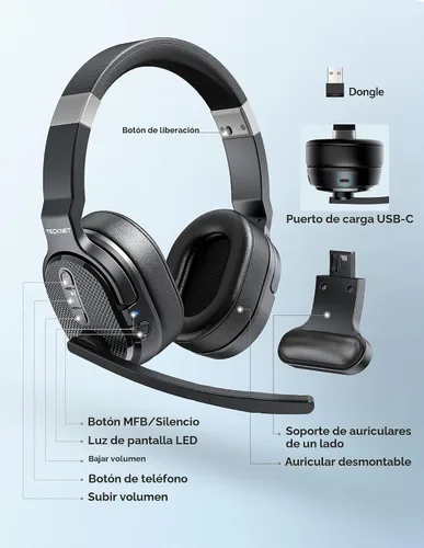 Miniatura 5 de TECKNET Auriculares Bluetooth para Camioneros, Auriculares Inalámbricos de Una y Dos Orejas con Micrófono para Trabajo con Cancelación de Ruido, 50