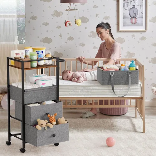 Miniatura 3 de Modanais Carrito organizador de pañales para bebé con cajones, carrito de almacenamiento rodante 3 en 1 con ruedas, organizador de pañales