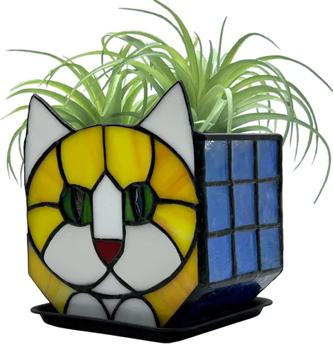 Miniatura 13 de Macetas Tiffany Lindas con Gatos de Vidrio Manchado, Para Plantas de Interior y Exterior, Maceta de Plantas con Gato Negro, Portavelas Contenedor