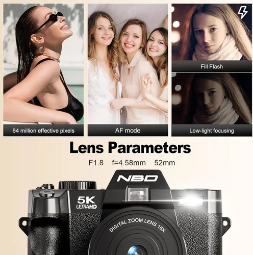Miniatura 4 de NBD Cámaras digitales 5K para fotografía – Cámara de viaje con zoom de 16X con pantalla abatible de 180°, cámaras de vlogging de 64MP para YouTube