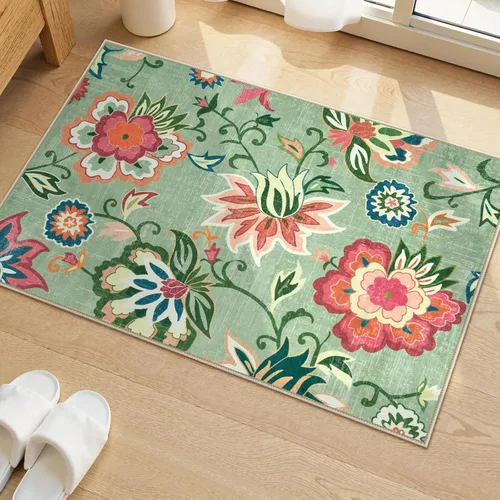 Miniatura 70 de Beeiva Alfombras florales de entrada, lavables para interiores, ultra fina, de 2 x 3 pies, antideslizante, para cocina, tapete de cachemira suave