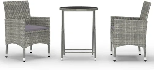Miniatura 2 de Ensemble Bistro 3 Pièces Gris Extérieur avec Table en Verre Trempé, Polyrotin Résistant aux Intempéries et Design Pliable Pour Balcon Petit Jardin