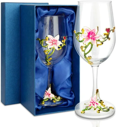 Simcat Copa de Vino de Esmalte Pintada a Mano con Flores, Vaso Transparente Refinado, Tallo para Cabernet, Regalos (Caja de Regalo Rosa Única, 1