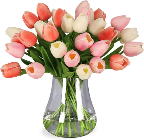 Miniatura 10 de 30 tulipanes reales al tacto, flores de poliuretano, tulipanes artificiales para arreglos de boda, fiesta, Pascua, primavera, hogar, comedor, Rosa