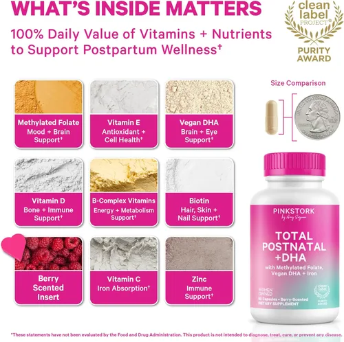 Miniatura 2 de Pink Stork - Postnatal total+ DHA: Vitaminas de apoyo para el posparto y lactancia, nutrientes para la mamá y el bebé, vitaminas prenatales