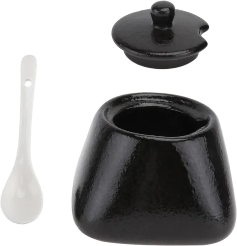 Miniatura 9 de Cabilock Azucarero japonés de cerámica, recipiente de condimento vintage, tarro de almacenamiento de sal con tapa y cuchara para cocina, Moca