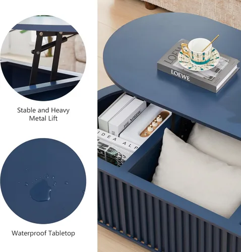 Miniatura 8 de Mesa de Centro Ovalada con Tapa Elevable y Almacenamiento, 43.3" Mesa Central Moderna de Mediados de Siglo con Compartimento Oculto, Mesa de Comedor