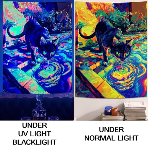 Miniatura 3 de Spenlife Blacklight - Fantástico tapiz de gato negro, tapiz de pared de gato reactivo que brilla con rayos UV para decoración de habitación, tapiz